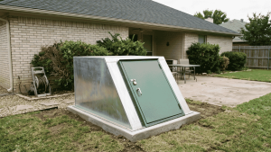 Completed underground storm shelter entrance in a Texas residential yard